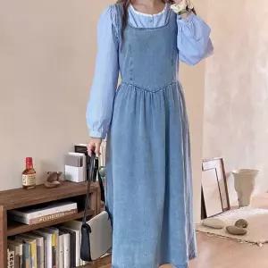 모던스타일 여성 뷔스티에 멜빵 민소매 나시 데님 롱 원피스