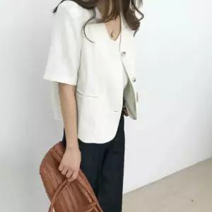 여름 여성 린넨 반팔자켓 크롭 브이넥 노카라 재킷 팔뚝살커버