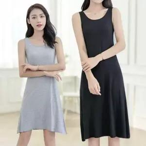 [에이치플러스몰]모달 프릴 원피스 미디 스커트 라운드 나시 홈웨어