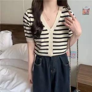 브이넥 스트라이프 숏 가디건 BI-A500020카디건 여자 여성용