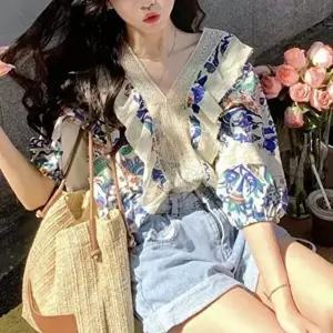 반팔블라우스 프릴 여름 예쁜 여성블라우스 우스 여름블라우스 여성 블라우스 반팔 브이넥