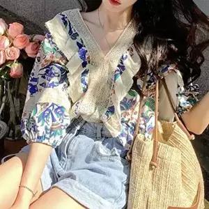 반팔블라우스 브라우스 브이넥 예쁜 블라우스 여름 반팔 프릴 여성