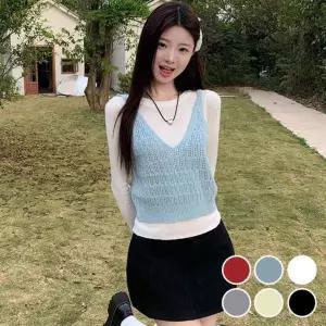 조끼 코디 패턴 그물 레이어드 여자 오버핏 기장 펀칭 크롭 브이넥 상품 니트 베스트