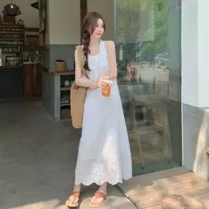 해변 플레어 프릴 펀칭 캐주얼 자수 원피스 스트링 비치 민소매 [aFIE7WT]