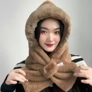 소프트퍼 후드 머플러(브라운)모자 겨울 목도리 넥워머 단색 여성선물 크리스마스 퍼머플러