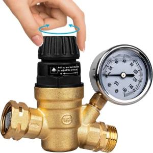 캠핑카용 긱버스 RV 수압 조절 밸브 무연 황동으로 만든 스트레이너로 압력 게이지가 있는 조절기