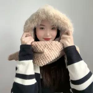 포근하루 일체형 후드 머플러(베이지)넥워머 모자목도리 단색 여성선물 크리스마스 퍼머플러 겨울