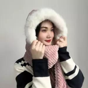 포근하루 일체형 후드 머플러(핑크)넥워머 모자목도리 단색 여성선물 크리스마스 퍼머플러 겨울