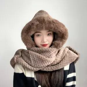 포근하루 일체형 후드 머플러(브라운)넥워머 모자목도리 단색 여성선물 크리스마스 퍼머플러 겨울