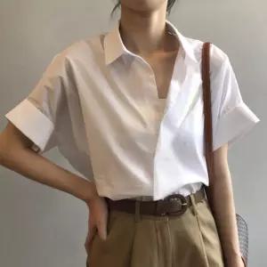 브이넥 루즈핏 블라우스 셔츠 여름 오픈카라반팔 카라 면접 여성
