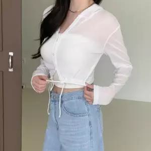 [옷자락] 여자 시스루 브이넥 스트링 크롭 후드 후디