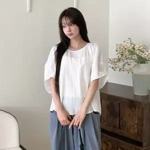 [옷자락] 여자 쉬폰 루즈핏 벌룬 소매 반팔 블라우스
