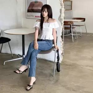 [옷자락] 여자 레이스 프릴 스모크 밴딩 오프숄더