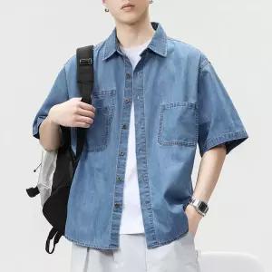 남성셔츠 여름 워크웨어 데님 반팔 셔츠 하이엔드 센스 느슨한 코트 심쿵빛