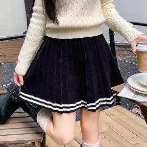 F007362_[골프룩]컬러배색 플리츠주름 밴딩니트 미니스커트