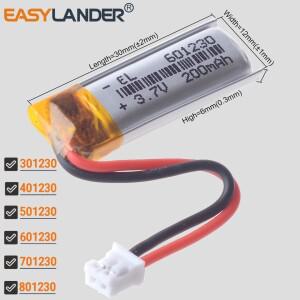 JST2.0 2Pin 601230 3.7V 200mAh 충전식 리튬 폴리머 배터리 Lipo