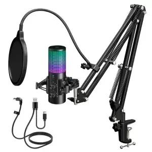게임용 USB 마이크 소음 제거 콘덴서 음소거 기능이 있는 RGB 게인 모니 붐 암 휴대폰 PC용 팝 필터
