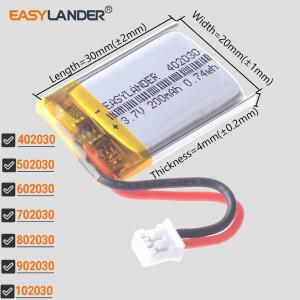 JST2.0 2P 3.7V 200mAh 402030 충전식 리튬 폴리머 배터리 Lipo