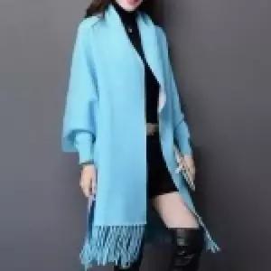 친절한탄씨 여성 가디건 숄 블루 그레이 컬러 투톤 니트 망토 오픈형 상의 숄망토 망토숄 가을머플러