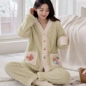 여성 수면잠옷 플라워 웨이브 극세사 파자마 홈웨어 겨울 잠옷 상하복