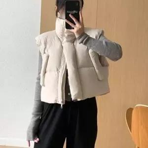여성조끼 이쁜 하이넥 포켓 스트링 패딩 베스트