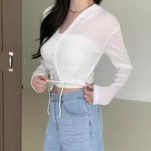 여자 시스루 브이넥 스트링 크롭 후드 가디건 후디