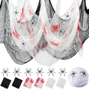 3in1 할로윈 소름 끼치는 천 검정 흰색 빨강 유령 같은 원단 72 x 30인치 거미줄과 거미 파티용 집 장식