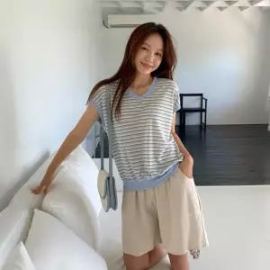 린넨 파실살 반팔 단가라 맨투맨 브이넥 배색