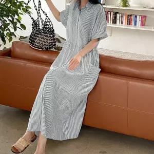 세로 루즈핏 스트라이프 단추 반팔 롱원피스 나들이룩