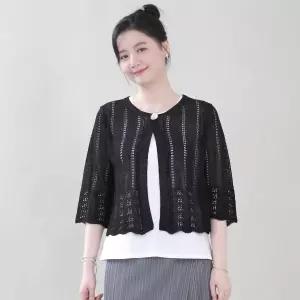 애비뉴투지 엄마옷 원버튼 세로 그물 펀칭 스카시 니트 여성 봄 여름 7부 볼레로 숏 가디건 J06633