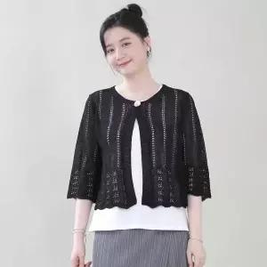 애비뉴투지 엄마옷 원버튼 세로 그물 펀칭 스카시 니트 여성 봄 여름 7부 볼레로