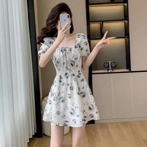 여성 프렌치 스퀘어 칼라 플라워 슬림핏 원피스 여름 스커트