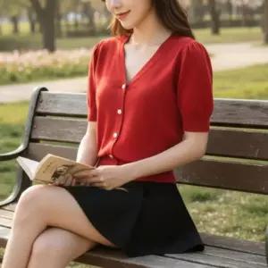 여성 브이넥 니트 꽃 진주 단추 퍼프 소매 반팔 가디건
