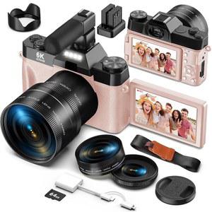 사진 및 브이로그용 야타오 디지털 카메라 6K 64MP 플립 스크린 듀얼 렌즈 비디오용 마이크 64GB TF 카드 유튜브 키트 여행용 컴팩트 포토 WIFI 초보자(핑크)
