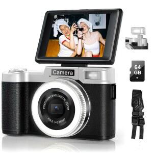 사진 및 브이로그용 야타오 디지털 카메라 4K 64MP 플립 스크린 LED 조명 사용 64GB TF 카드 유튜브 키트 여행용 컴팩트 포토 WIFI 초보자(실버 블랙)