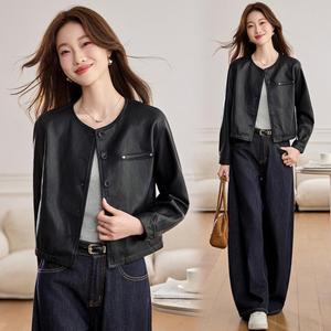 청수정 여성 라운드 가죽 재킷 봄 싱글 PU가죽 솔리드 상의 KS