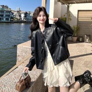 모두팜 여성 블랙 빈티지 하이넥 가죽 코트 봄 리본 버튼 쇼트 재킷 MOC