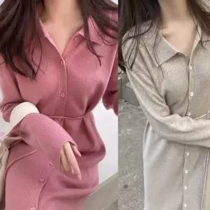 [하프클럽/셀러허브_여성트랜드패션]카라 니트원피스 허리끈 단추 롱원피