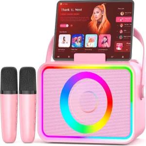 노래방 기계 LED 조명이 있는 무선 마이크 2개 포함 휴대용 블루투스 스피커 PA 시스템이 USB/TF/AUX 지원
