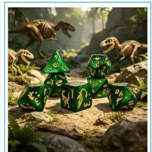 쥬라기 색 공룡 조각이 있는 위 게임 7개 TTRPG 보드 및 롤플레잉 다면체