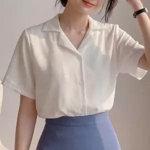 라뷰드 여성 기본 브이넥 반팔 셔츠 블라우스 봄가을 여름 데일리 오피스 정장 기본 심플 루즈핏 오버핏 카