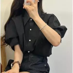 데일리 버튼 퍼프소매 반팔 셔츠 블라우스