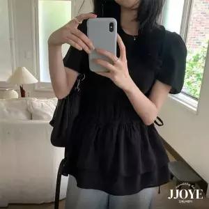 쪼예 청순 여리 체형커버 라운드넥 캉캉 프릴 셔링 퍼프 반팔 블라우스