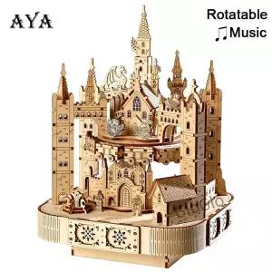 매직 3D 나무 퍼즐 회전식 투어링 트레인 뮤직 옥타브 박스 DIY 조립 모델 기계식 키트 십대 및 성인용