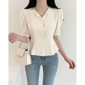 YM23342 여성용 여름 하객룩 셔링 반팔 미니퍼프 블라우스