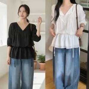 여성 루즈핏 브이넥 셔링 리본 롱 블라우스