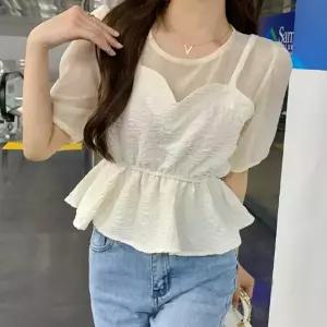 T4160 주름 페플럼 뷔스티에 시스루 블라우스 일체형