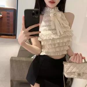 T4255 큐빅리본 홀터넥 레이스 세미크롭 블라우스