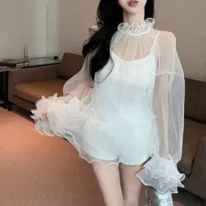 T4918 패미닌 나시 세트 프릴레이스 시스루 블라우스