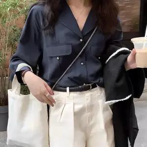 여성용 시크투포켓 더블카라넥 핀턱 긴소매 블라우스 NL